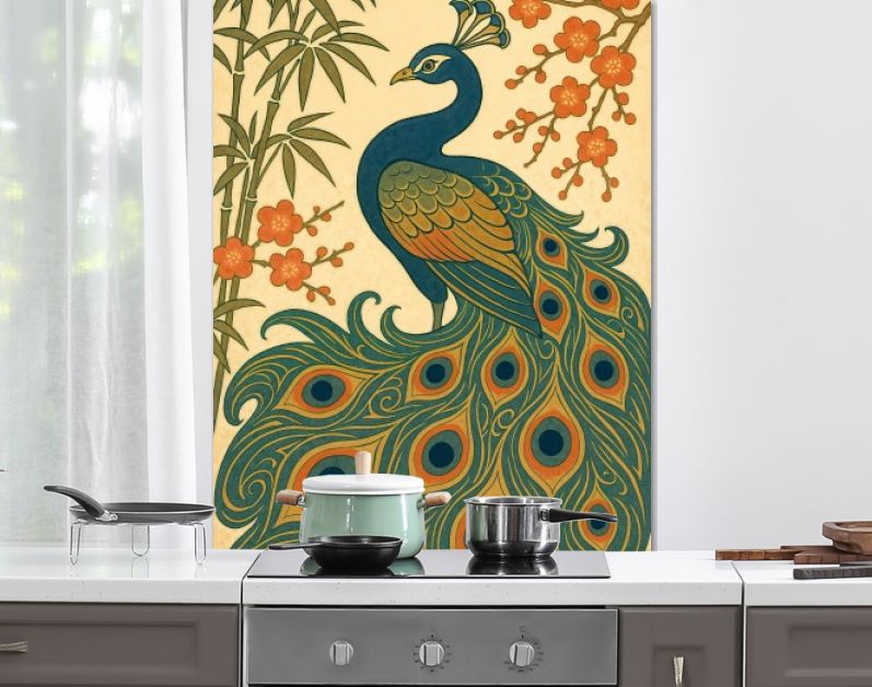 Japanse pauw met bamboe en bloesem in ukiyo-e stijl