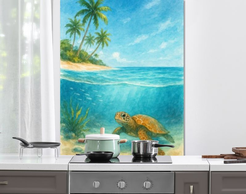 Schildpad bij tropisch strand en palmbomen