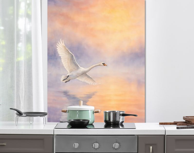 Witte zwaan in vlucht boven water bij zonsopkomst