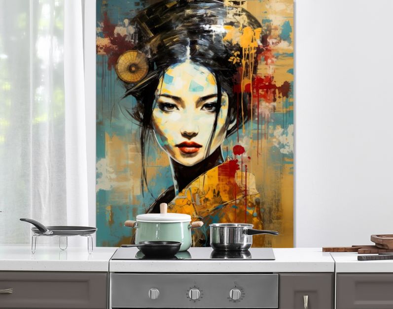 Geisha grace vintage elegance in steel blue and warm ocher