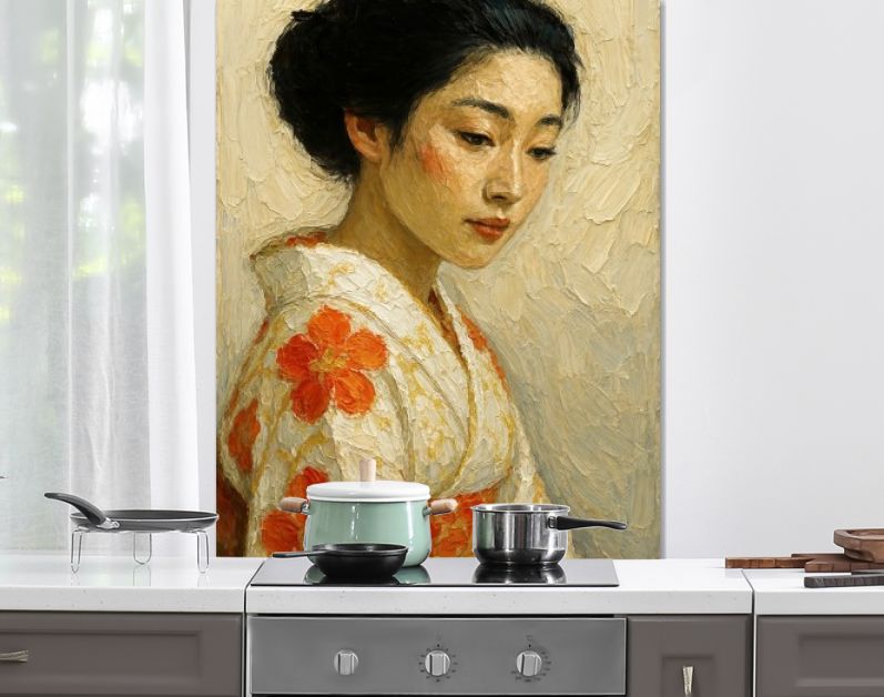 Japanse geisha in kimono met oranje bloemen