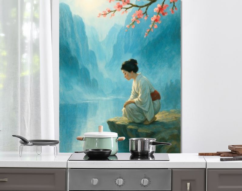 Japanse vrouw bij rivier met kersenbloesem