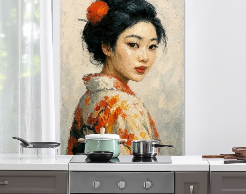 Portret van Japanse geisha in zijden kimono