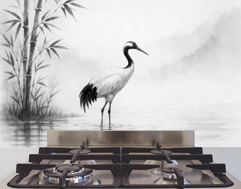 Kraanvogel aan de rivier in Japanse inkstijl