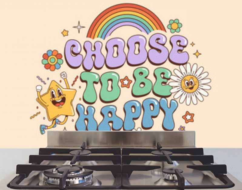 Groovy hippie quote Choose to Be Happy with retro 70s funky characters, vector banner. Hippie quote text with groovy rainbow and quirky daisy flower with comic star smile in 60s or 70s art background