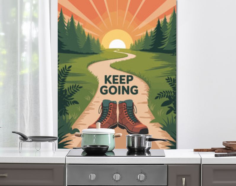 Inspirational motivational poster featuring hiking boots on a winding forest path under a vibrant sunrise promoting perseverance and encouraging quotes to keep going vector