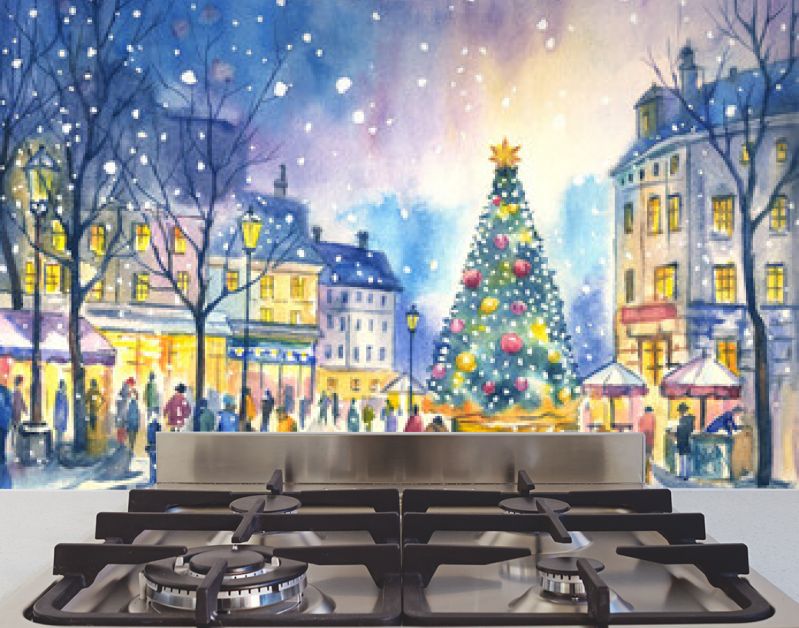Watercolor landscape of a New Year or Christmas city with a New Year tree, houses and people.