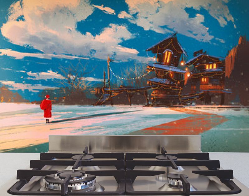 winter landscape with wooden house at Christmas night,illustration painting