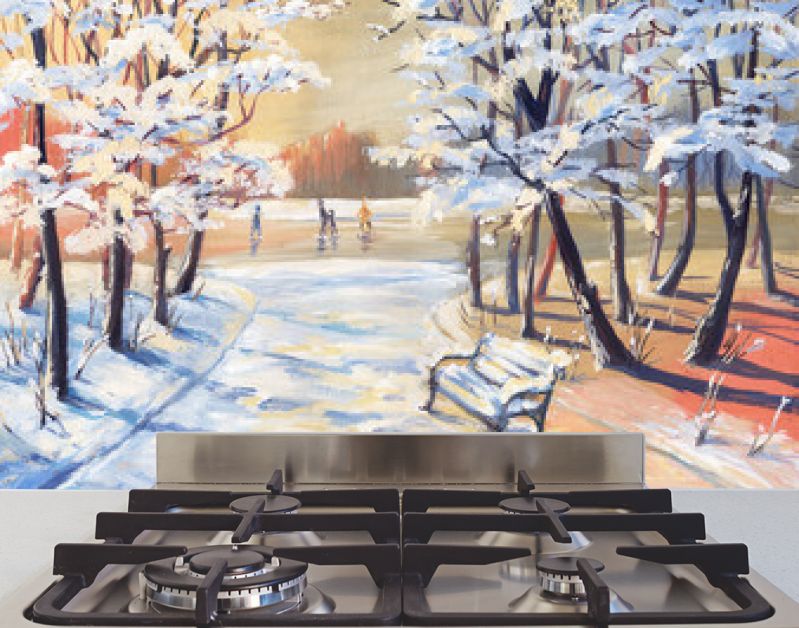 Gouache painting winter landscape with snowy trees, footpath, bench and figure skaters on a frozen river
