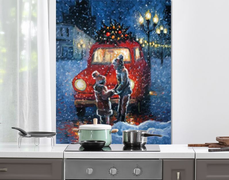 Oil painting on canvas - cheerful little boy holding his sisters hands in his arms. Christmas tree in the retro car roof. Winter snowy evening town landscape. Original Hand drawn picture on canvas.