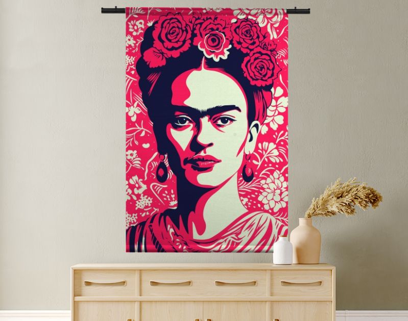Het Iconische Gezicht, Frida's Kracht in diep rood en zwart