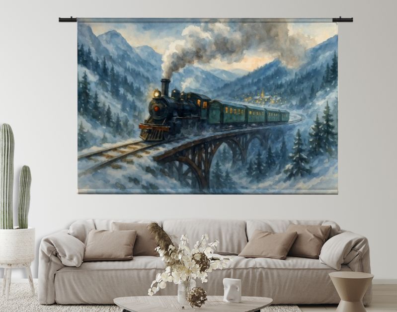 Winterse stoomtrein over brug in berglandschap