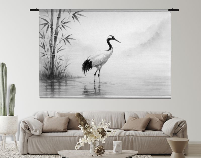 Kraanvogel aan de rivier in Japanse inkstijl