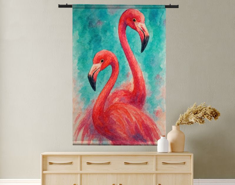 Twee roze flamingo’s tegen tropische turquoise achtergrond