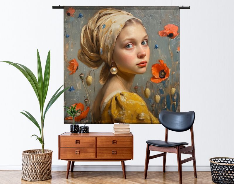 Meisje met parel en bloemen