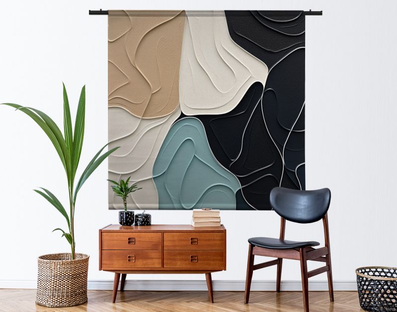 Golvende Harmonieën Minimalistische Abstracties in Beige en Teal