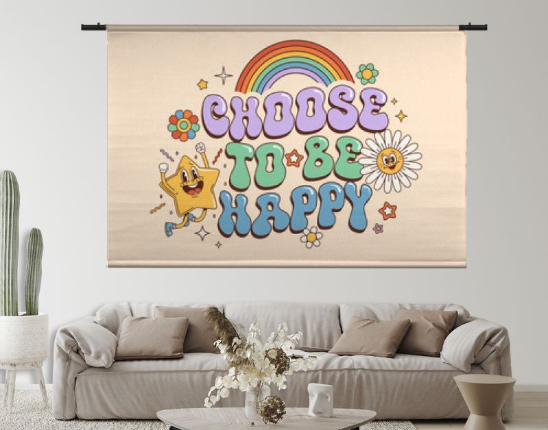 Groovy hippie quote Choose to Be Happy with retro 70s funky characters, vector banner. Hippie quote text with groovy rainbow and quirky daisy flower with comic star smile in 60s or 70s art background