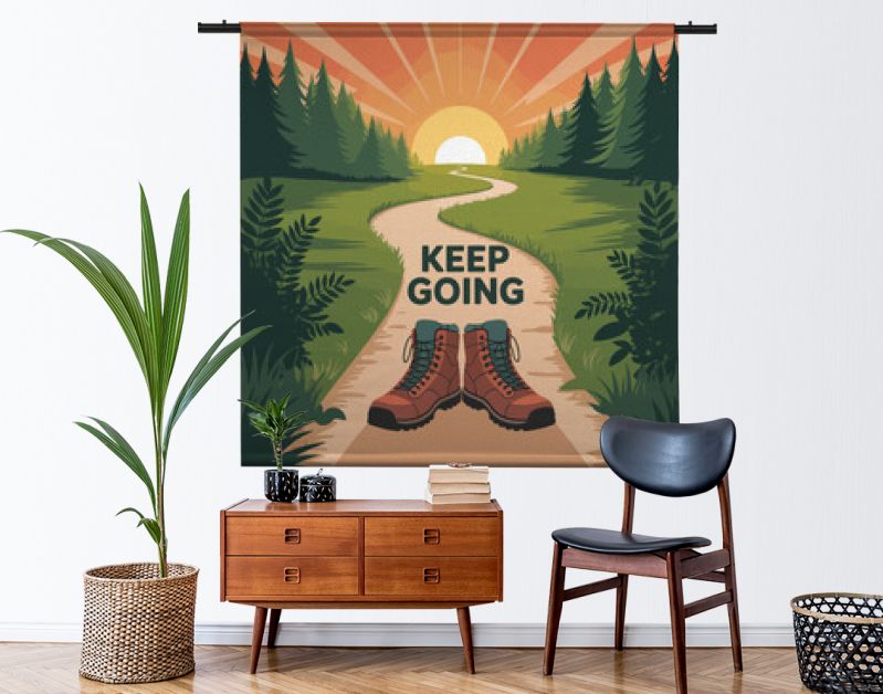 Inspirational motivational poster featuring hiking boots on a winding forest path under a vibrant sunrise promoting perseverance and encouraging quotes to keep going vector