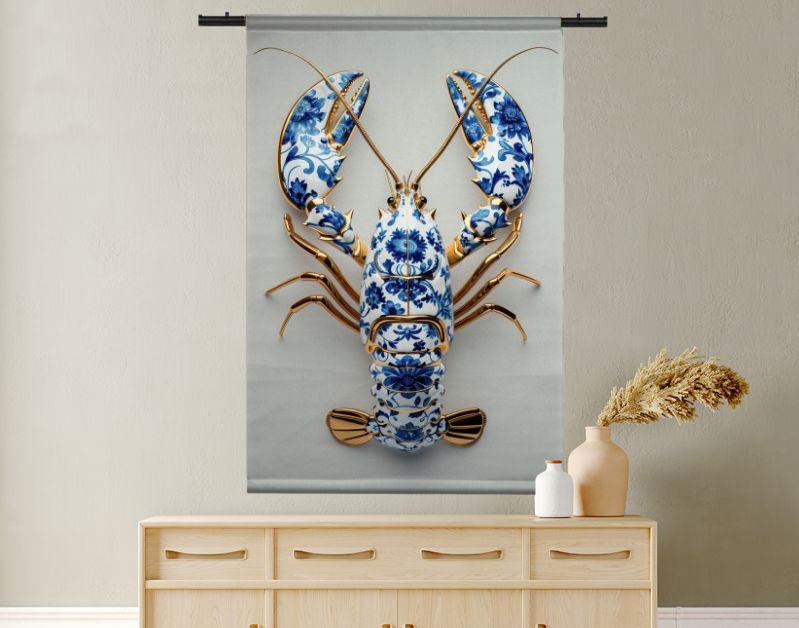 Delfts blauwe kreeft met goud op zacht salie