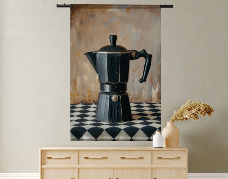 Koffie percolator zwart op geruit tafelkleed