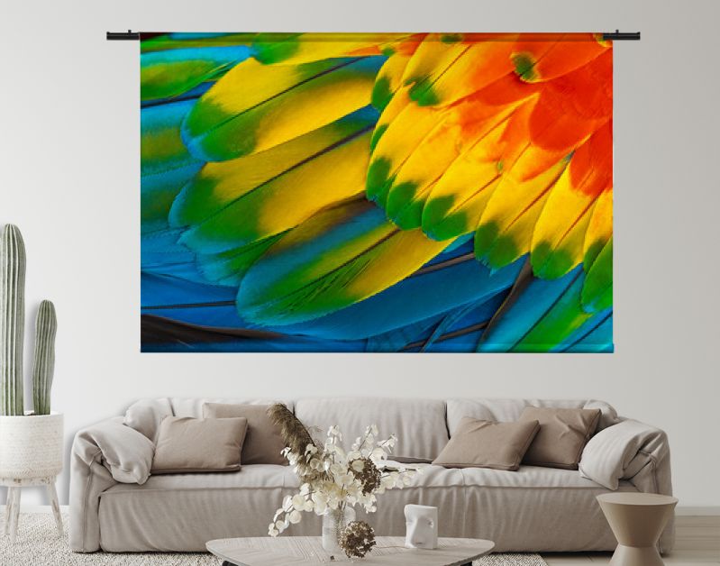 Kleurrijke ara papegaai veren met rood geel oranje blauw voor natuur achtergrond