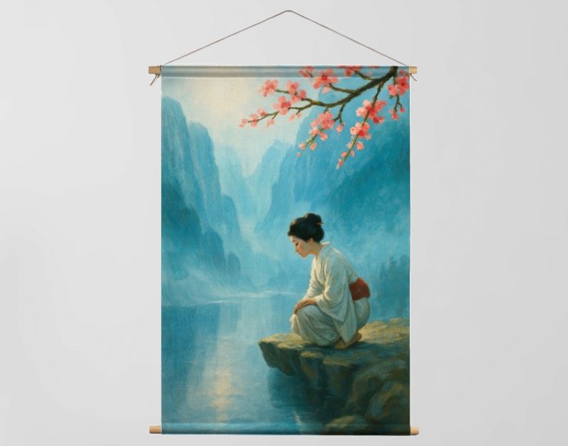 Japanse vrouw bij rivier met kersenbloesem