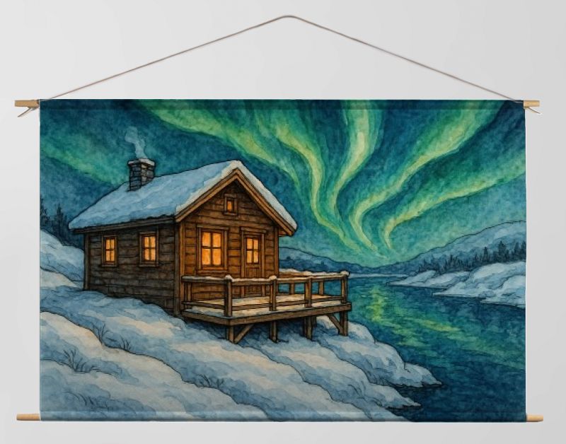 Houten huisje aan het water in Scandinavië bij noorderlicht