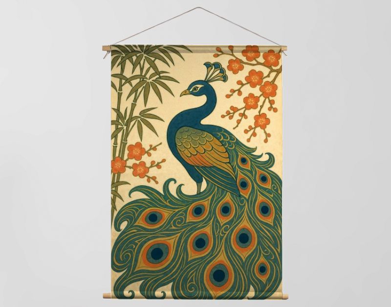 Japanse pauw met bamboe en bloesem in ukiyo-e stijl