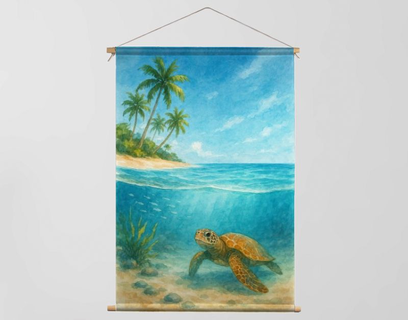 Schildpad bij tropisch strand en palmbomen