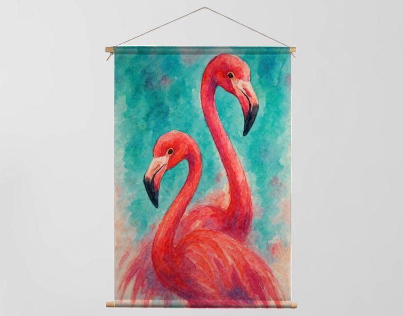 Twee roze flamingo’s tegen tropische turquoise achtergrond