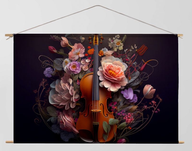 viool en bloemenkunst op de donkere achtergrond. Generatieve AI.