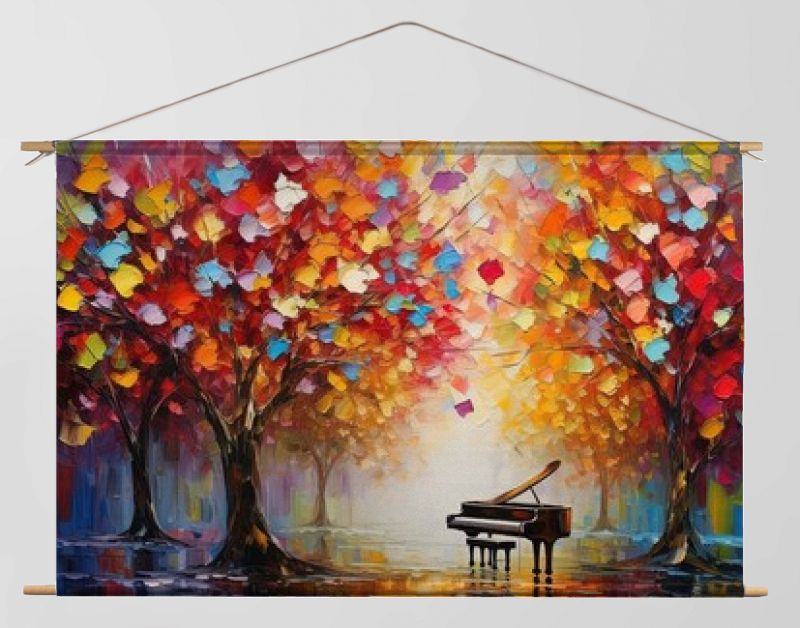 schilderstijl illustratie banner behang, herfstbos met kleurrijke bladeren, piano muziek spelen in park Generatieve Ai