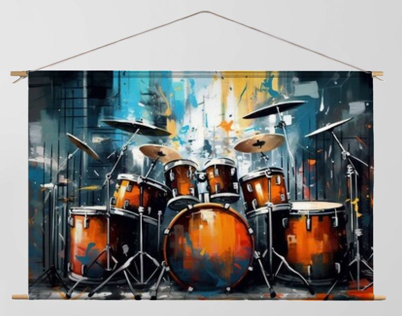 Generatieve AI, jazzmuziek straatkunst met drums muziekinstrument silhouet. Inkt kleurrijke graffitikunst op een gestructureerde muur, canvasachtergrond.	
