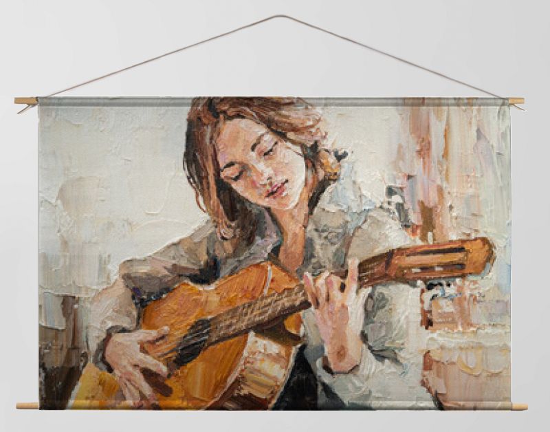 .Het meisje speelt gitaar. Muzieklessen. Olieverfschilderij op doek.