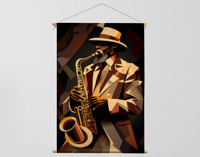 Afro-Amerikaanse mannelijke jazzmuzikant saxofonist die een saxofoon speelt in een abstract kubistisch stijlschilderij voor een poster of flyer, computer Generatieve AI stock illustratie