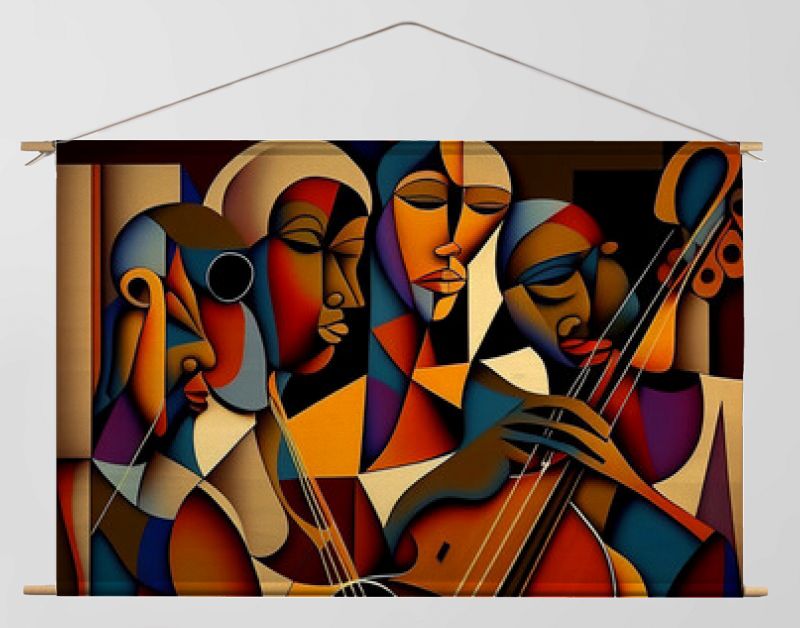 Afro-Amerikaans vrouwelijk en mannelijk klassiek musicusorkest dat een cello speelt in een abstract kubistisch stijlschilderij voor een muziekposter of flyer, computer Generative AI stock illustratie