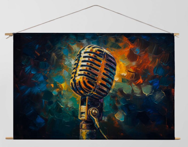 Levendige, met olie geschilderde microfoonillustratie die de essentie van muziek en creativiteit vastlegt. Gegenereerde AI