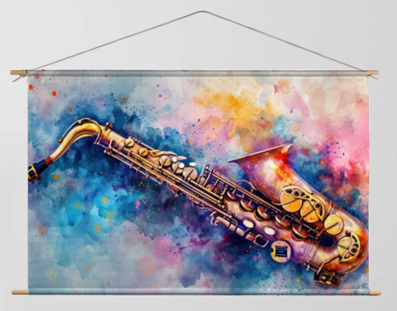 Saxofoon in aquarelmix die jazz op straat symboliseert.

