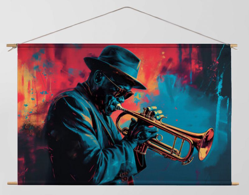 Afro-Amerikaanse mannelijke trompettist-muzikant die een koperen trompet speelt in een abstract vintage noodlijdend muziekschilderij voor een poster of flyer, stock illustratie