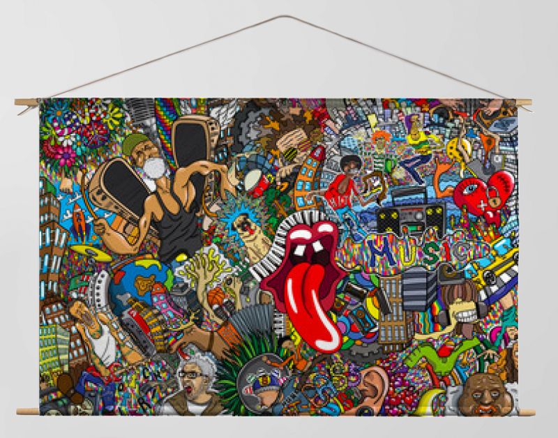 Muziekcollage op een grote bakstenen muur, graffiti