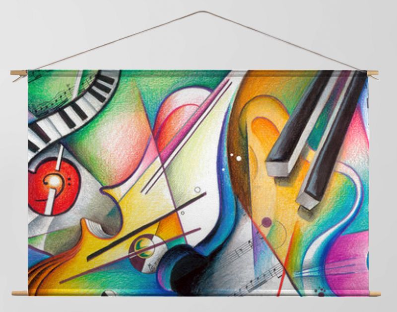 Muziek - Handgemaakte illustratie over muziek en muziekinstrumenten, kleurrijke tekening, muziekschilderij