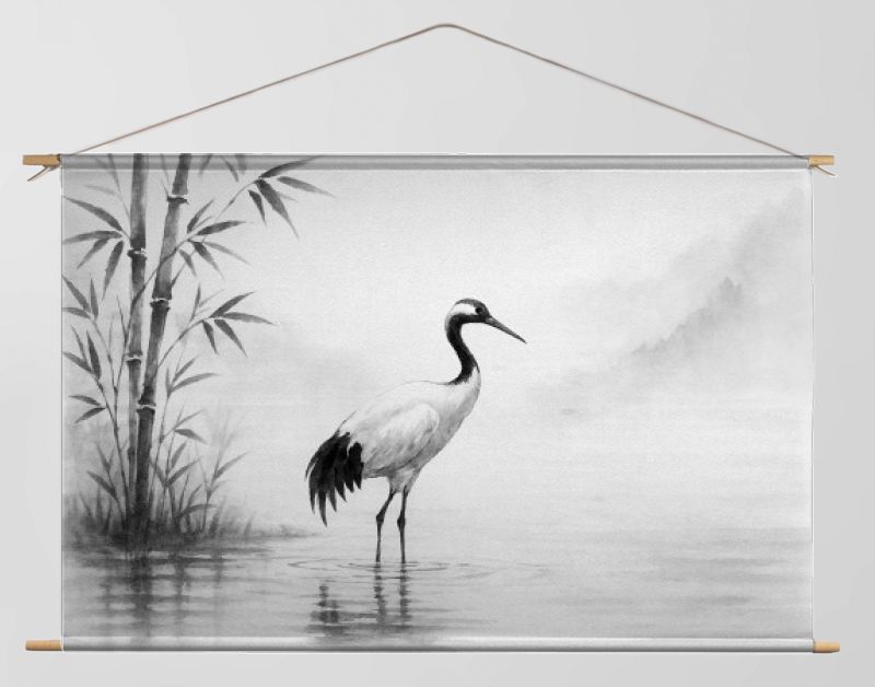 Kraanvogel aan de rivier in Japanse inkstijl