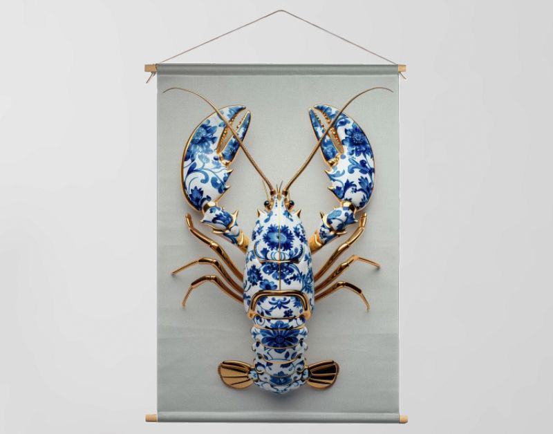 Delfts blauwe kreeft met goud op zacht salie