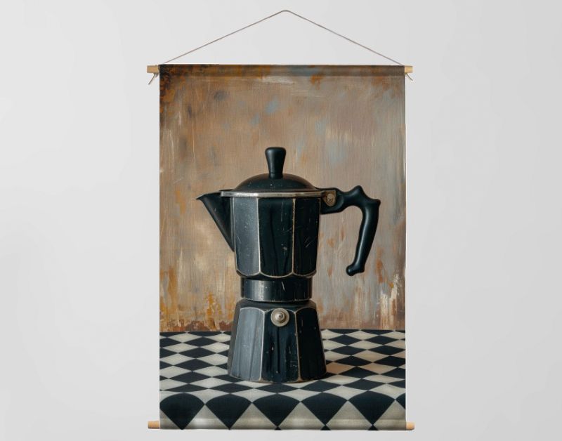 Koffie percolator zwart op geruit tafelkleed