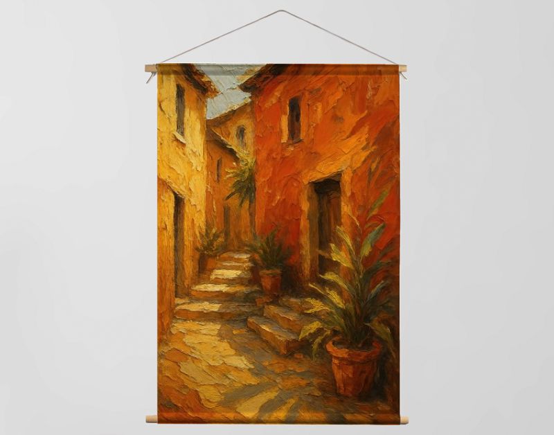 Mediterrane straat met terracotta muren en trap