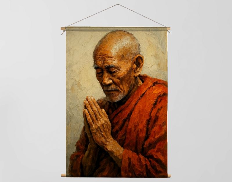 Oude monnik in gebed in rood gewaad