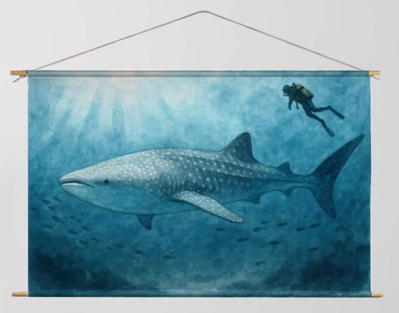 Onderwaterlandschap met walvishaai en duiker in open zee