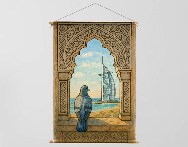 Duif bij islamitisch raam met Burj Al Arab uitzicht