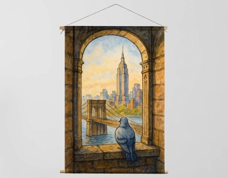 Duif bij romaans raam met uitzicht Empire State Building en Brooklyn Bridge