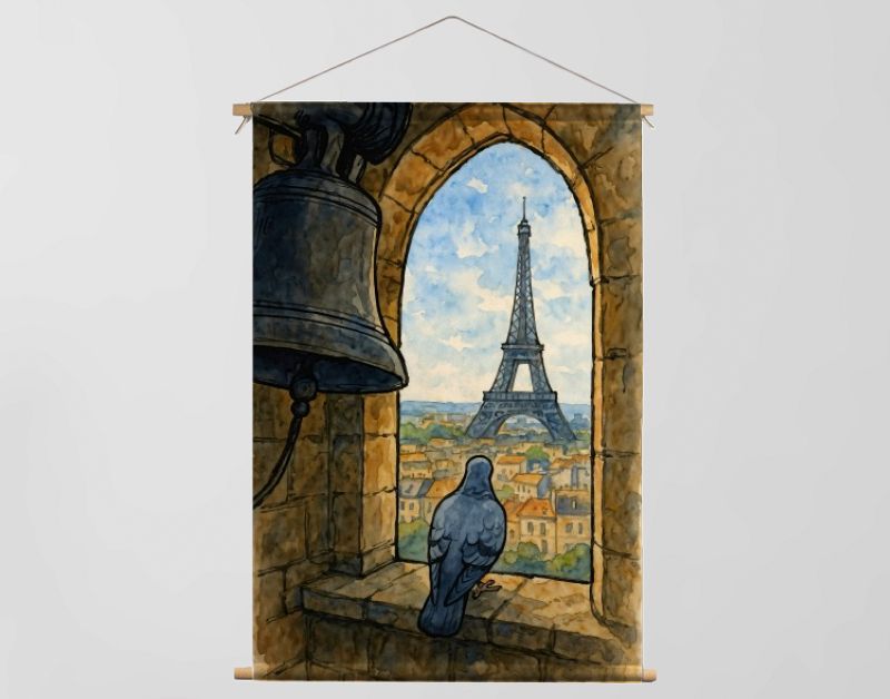 Duif in gotische klokkentoren met uitzicht Eiffeltoren